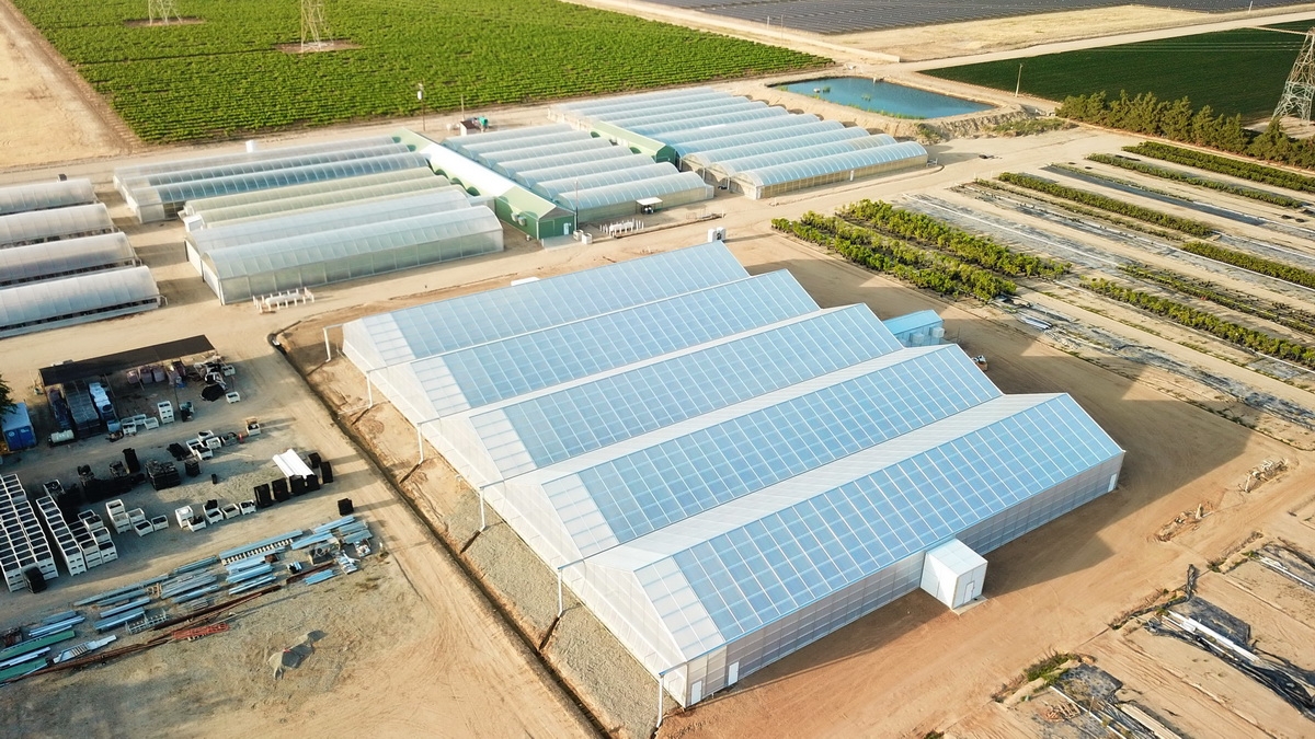 Drone shot of the new range of Agra Tech Solar Light greenhouses